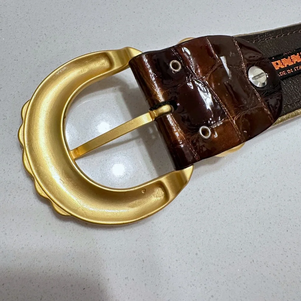 Nanni Italy Brown Crocodile Embossed‎ Leather Belt Gold Engraved Buckle Size 34